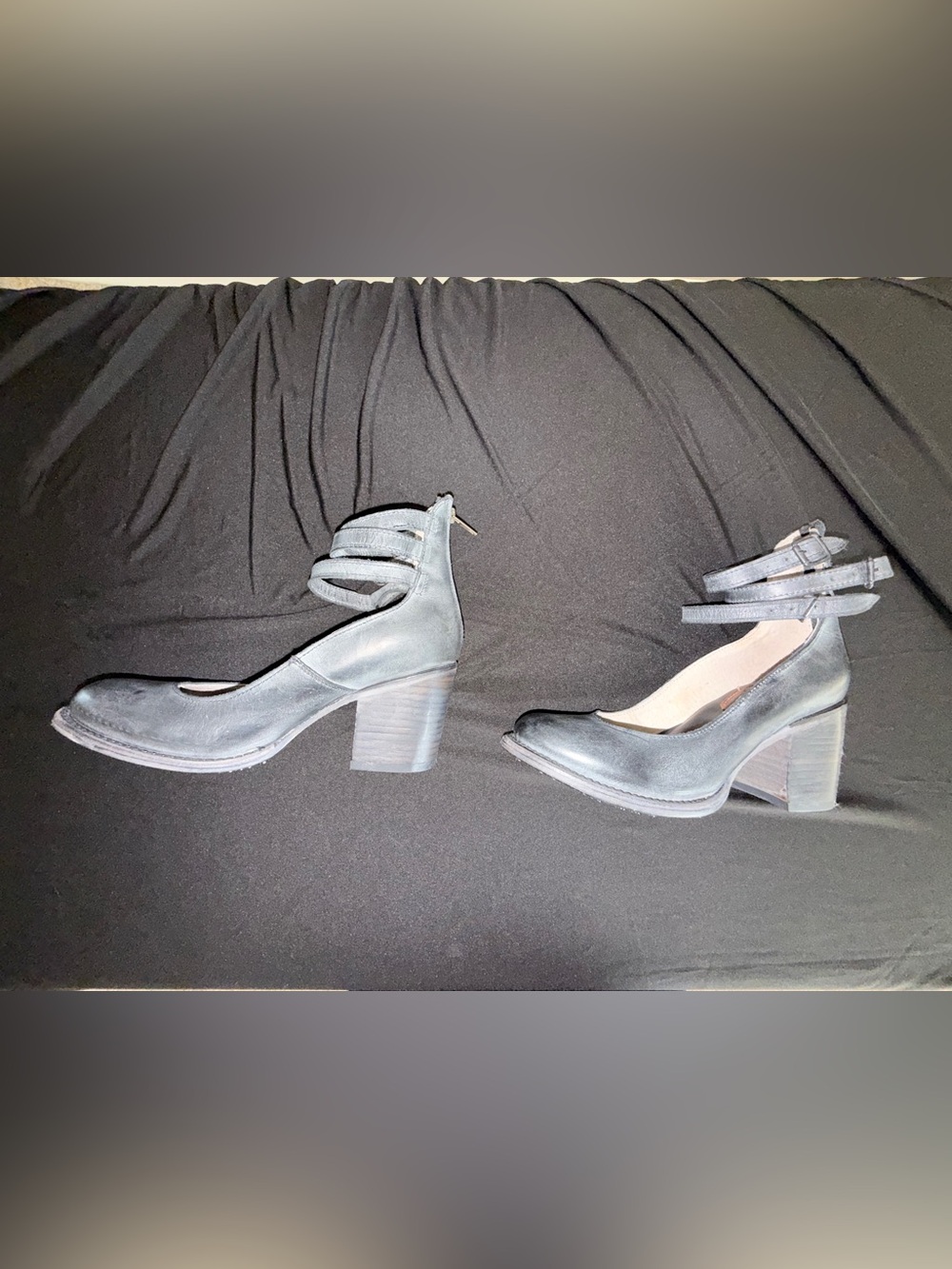 Freebird Black Leather Pump Heels Ankle Strap Buckle Zipper Round Toe 8 - Picture 4 of 12